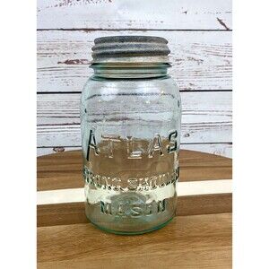 Vintage c.1925 ATLAS "STRONG SHOULDER" MASON Blue Quart Jar Zinc Porcelain Lid